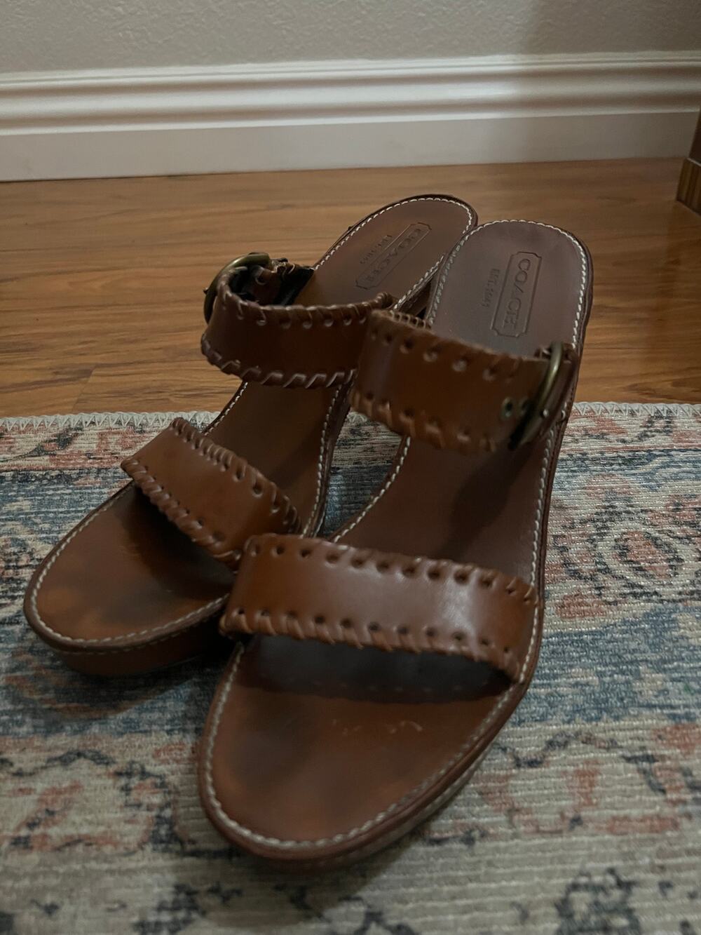 COACH Women's Kendra Sandal Sz 10 Platform Heel Strappy Slide Mule Cognac Brown